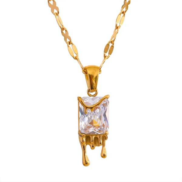 Golden Geometric Elegance: Stainless Steel Necklace with Cubic Zirconia, Luxury Waterproof Jewelry Gift for Women