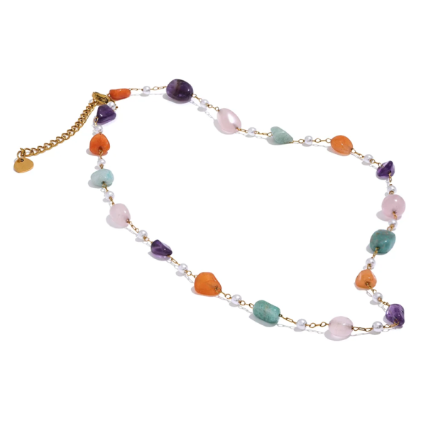 Exquisite Trend Jewelry Set: Colorful Natural Stone and Imitation Pearls on Stainless Steel Chain