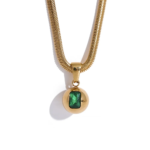 Delicate Fashion Pendant: Green, White, and Red Cubic Zirconia on Stainless Steel, Round Necklace with 18K PVD Gold Plating
