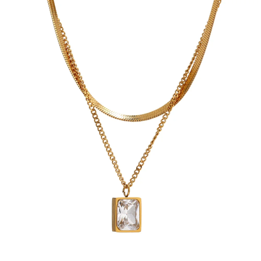 Chic Metal Layers: New Stainless Steel Cubic Zirconia Pendant Necklace with Snake Chain Charm