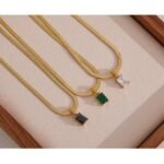 Trendy Golden Jewelry - Exquisite Geometric Square Cubic Zirconia Drop Snake Chain Collar Necklace, PVD Waterproof, Bulk Price