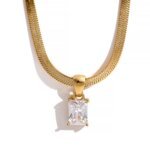 Trendy Golden Jewelry - Exquisite Geometric Square Cubic Zirconia Drop Snake Chain Collar Necklace, PVD Waterproof, Bulk Price