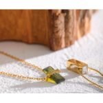 Chic Olive Green Cubic Zirconia Pendant Necklace - Stainless Steel, Minimalist Charm, Korean Fashion Collar Jewelry for Women