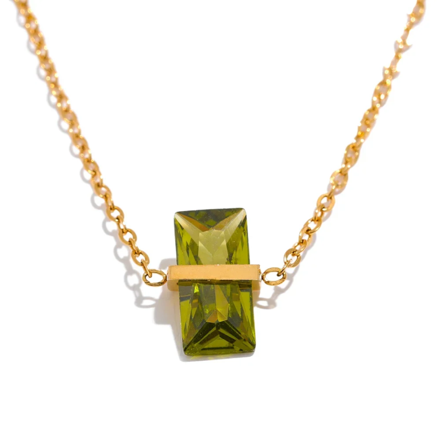 Chic Olive Green Cubic Zirconia Pendant Necklace - Stainless Steel, Minimalist Charm, Korean Fashion Collar Jewelry for Women
