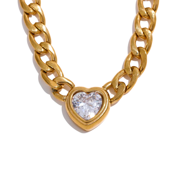 Elegant Stainless Steel Heart Pendant Necklace - Golden Chain Link with Bling Zirconia, 18K PVD Plated, Waterproof Fashion Jewelry for Unisex