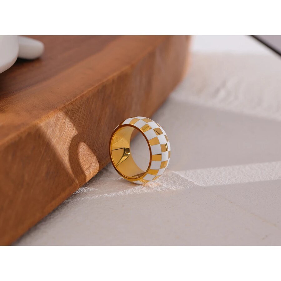 Checkered Enamel Round Ring - 316L Stainless Steel Metal Charm Finger Ring for Women's Jewelry