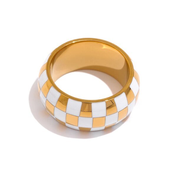 Checkered Enamel Round Ring - 316L Stainless Steel Metal Charm Finger Ring for Women's Jewelry