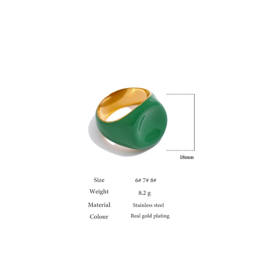 Trendy Green Enamel Ring - 316L Stainless Steel Jewelry, 18K Metal, Bagues Pour Femme, Waterproof, Anniversary Gift for Women