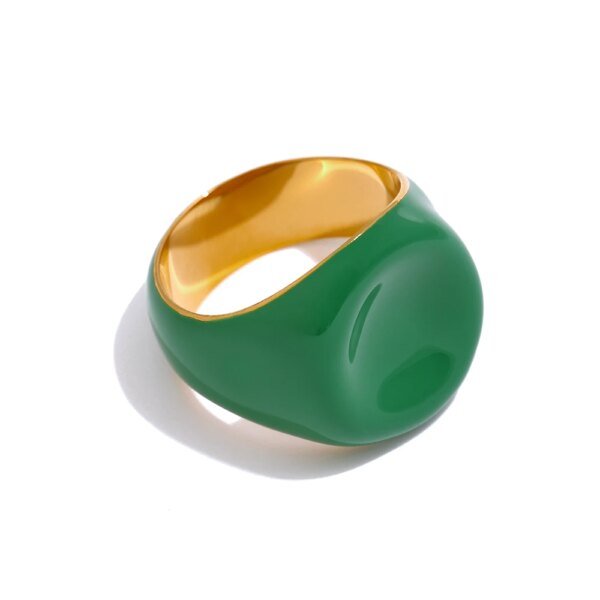 Trendy Green Enamel Ring - 316L Stainless Steel Jewelry, 18K Metal, Bagues Pour Femme, Waterproof, Anniversary Gift for Women