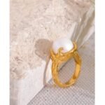 Temperament Jewelry – Fashion Imitation Pearl Stainless Steel Gold Color Ring for Women, Engagement Party Gift