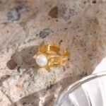 Geometric Finger Ring – Imitation Pearls Ring Jewelry, Stainless Steel, Golden, New Design for Women