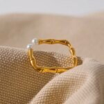 Trendy Bamboo Open Ring - Stylish Chic Stainless Steel, Imitation Pearl, Golden Metal PVD, Finger Fashion, Simple Trendy Jewelry for Women
