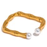 Trendy Bamboo Open Ring - Stylish Chic Stainless Steel, Imitation Pearl, Golden Metal PVD, Finger Fashion, Simple Trendy Jewelry for Women