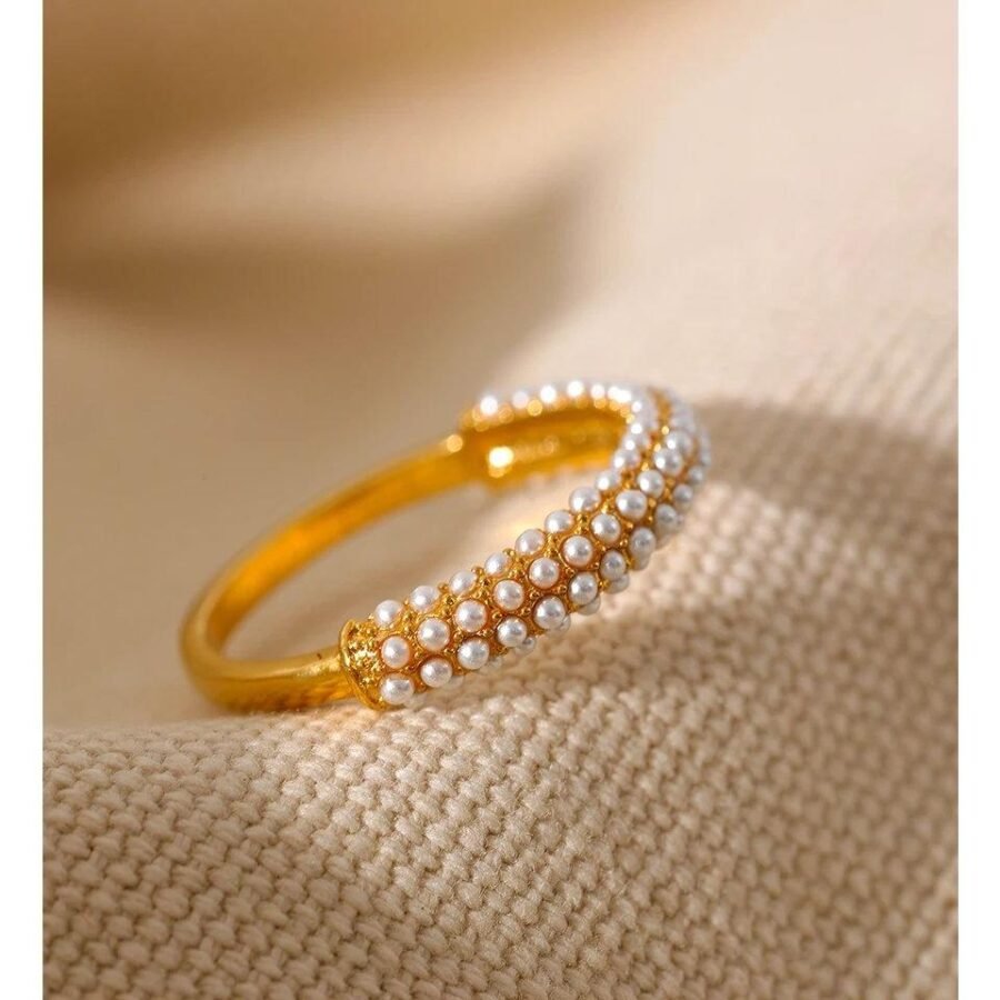 Romantic Fashion Ring - Elegant Imitation Pearls Stainless Steel Charm, Chic Design, 18K Gold Plated, Waterproof, Trendy Jewelry for Women