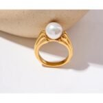 Charm Engagement Ring - Elegant Shell Pearl, Fashion Gold Stainless Steel, Metal Texture, 18K Plated, Geometric Charm Jewelry for Women