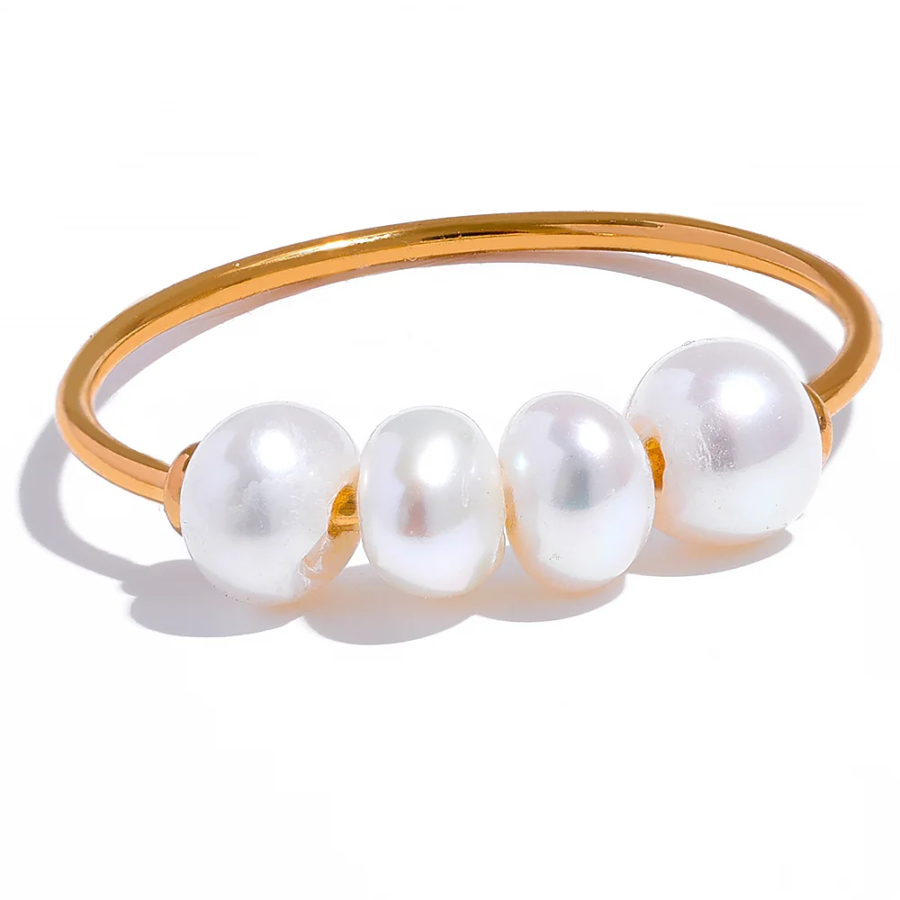 Charm Index Finger Ring - Natural Freshwater Pearls, Gold Color Stainless Steel, Waterproof, Thin Design, PVD Plated Jewelry for Women