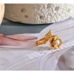 Trendy Rose Flower Ring - Stainless Steel, Leaf Pearl Design, 18K PVD Plated Golden, Charm Jewelry for Women