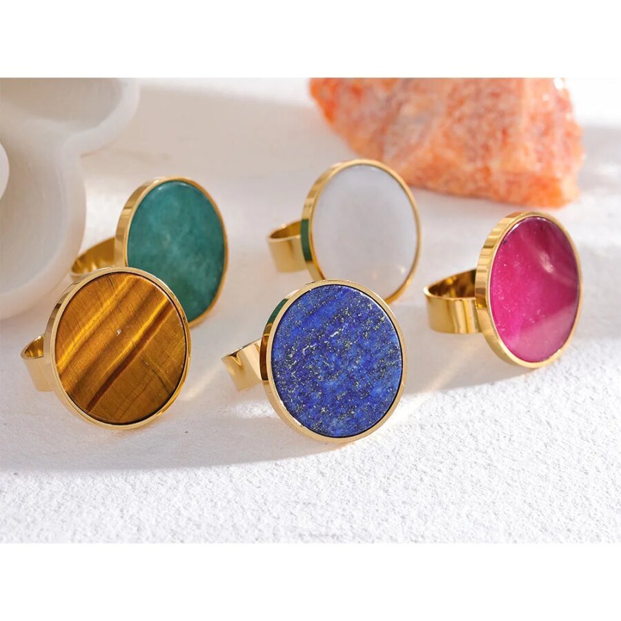 Y2K Charm Ring - Adjustable Natural Stone Stainless Steel, Round Wide Big Design, High Quality Golden, Tiger Amazonite Jewelry for Women