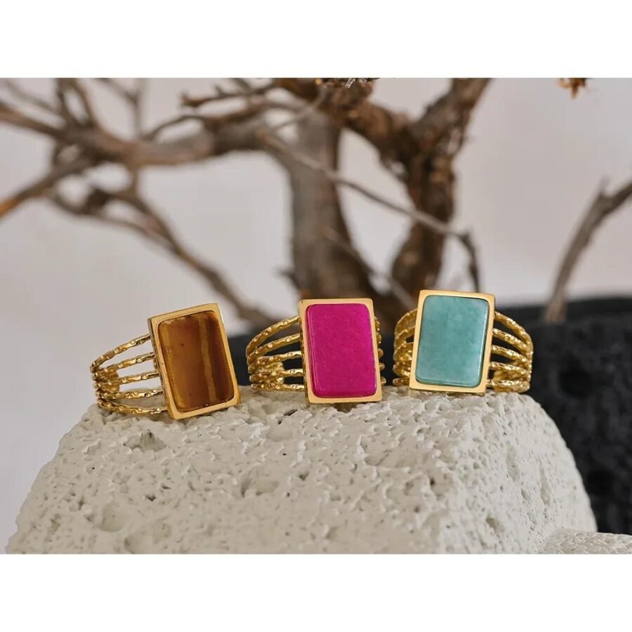 Charm Gala Ring - Amazonite Tiger Square Natural Stone, Stainless Steel Open Design, Gold Color, Finger Jewelry for Women