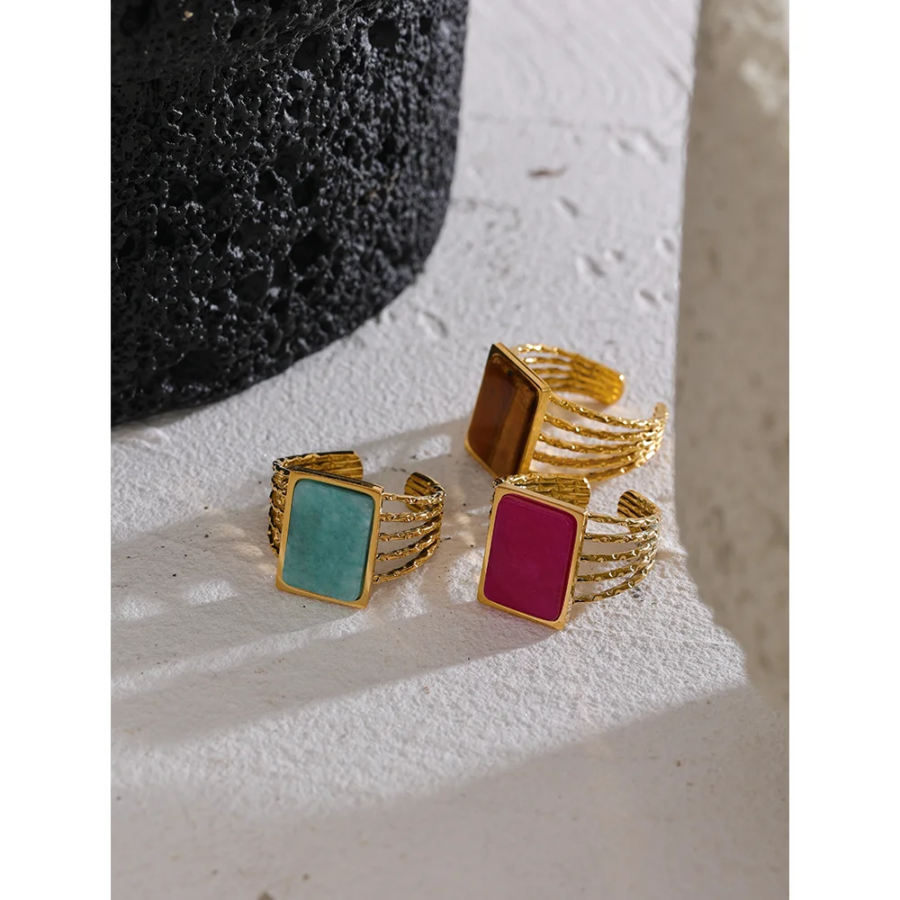 Charm Gala Ring - Amazonite Tiger Square Natural Stone, Stainless Steel Open Design, Gold Color, Finger Jewelry for Women