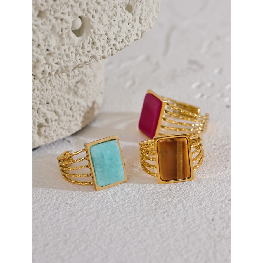 Charm Gala Ring - Amazonite Tiger Square Natural Stone, Stainless Steel Open Design, Gold Color, Finger Jewelry for Women