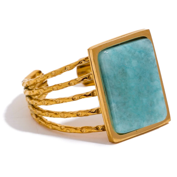 Charm Gala Ring - Amazonite Tiger Square Natural Stone, Stainless Steel Open Design, Gold Color, Finger Jewelry for Women