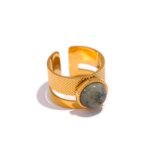 Trendy Charm Ring - Vintage Natural Stone Green Aventurine, Stainless Steel France Metal, Golden Open Design, Waterproof, Jewelry for Women