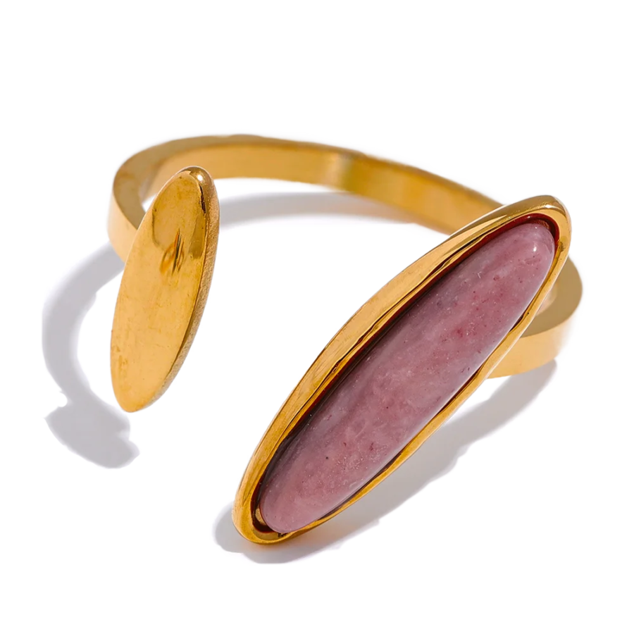 Stylish France Jewelry Gift - 18K Plated Tiger Turquoise Stainless Steel Ring with Natural Pink Stone for Women