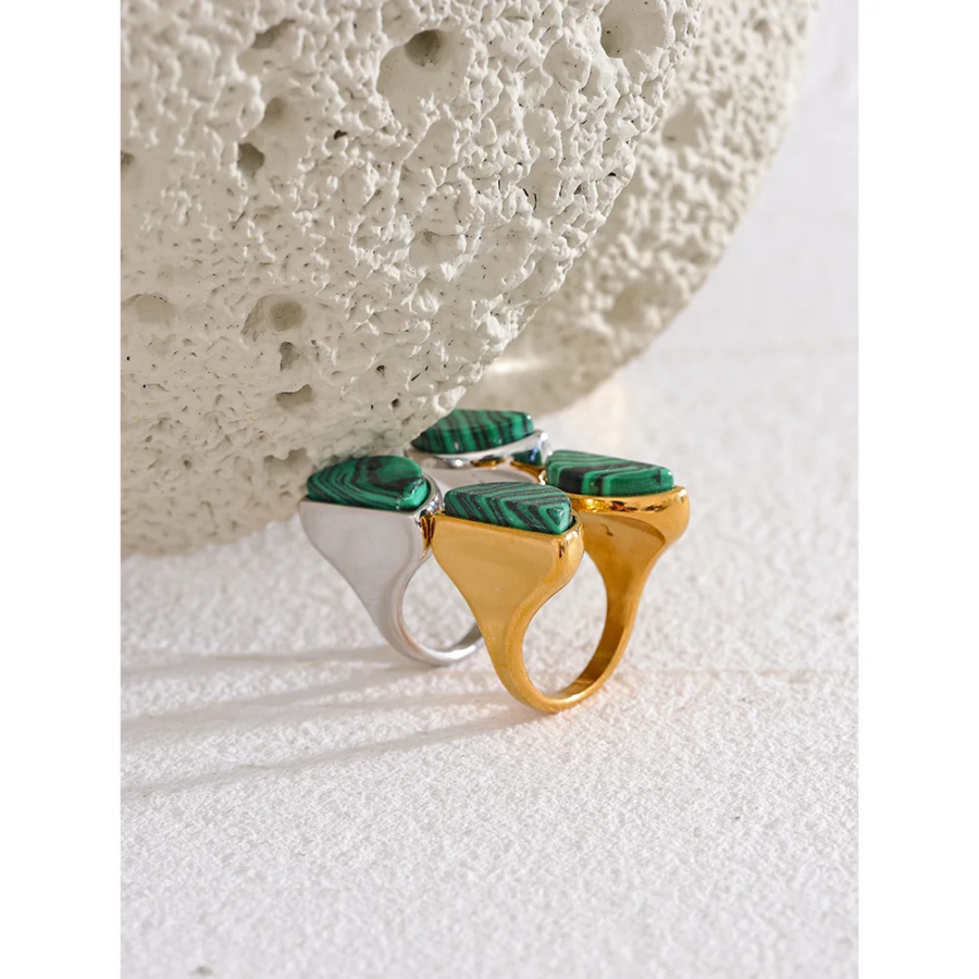 Fashion Wide Ring with Green Natural Malachite Stone, Stainless Steel, and Waterproof Design in Gold and Silver Colors for Women's Jewelry Gift