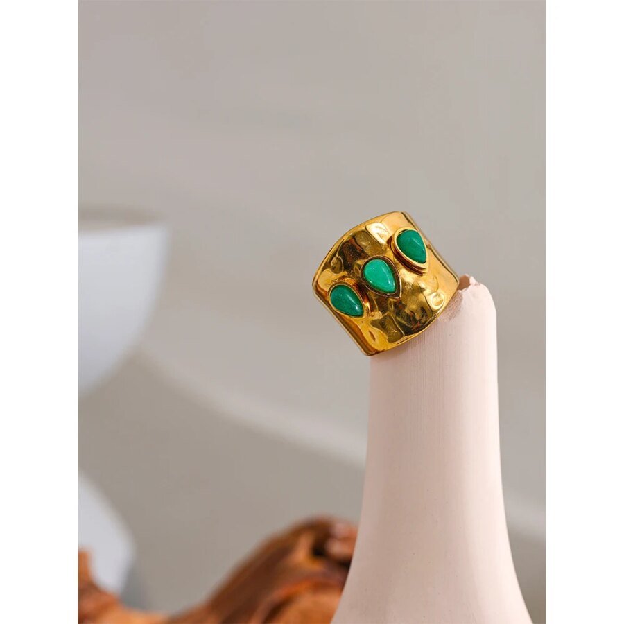 Elegance in Green - 18k Gold Plated Fashion Wide Ring with Natural Stone, Stainless Steel, Charm Texture, and Waterproof Design for Women's Jewelry