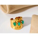 Elegance in Green - 18k Gold Plated Fashion Wide Ring with Natural Stone, Stainless Steel, Charm Texture, and Waterproof Design for Women's Jewelry