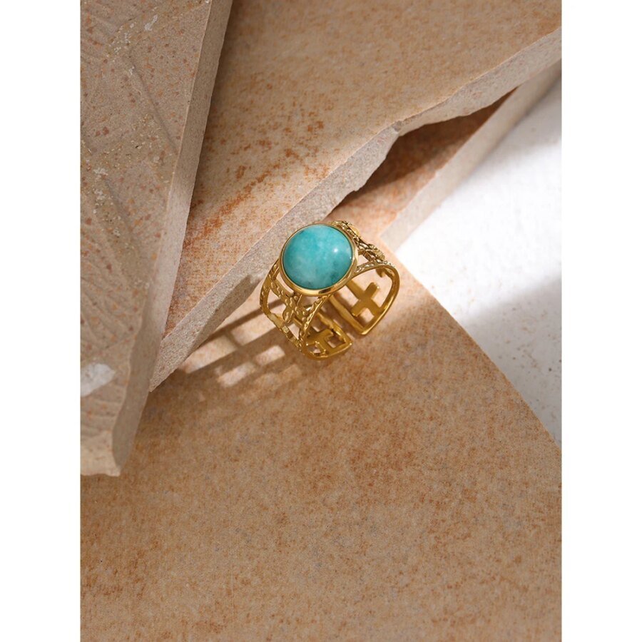 Golden Blue Stone Elegance - Simple Opening Trendy Ring with 316L Stainless Steel for Women's Wedding Gift Jewelry