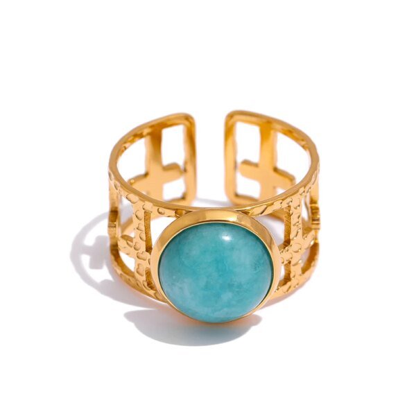 Golden Blue Stone Elegance - Simple Opening Trendy Ring with 316L Stainless Steel for Women's Wedding Gift Jewelry