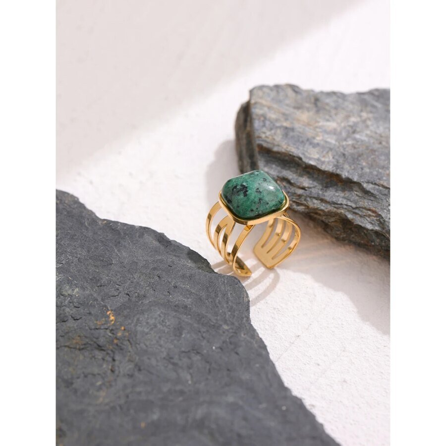 Charm in Green – African Turquoise Ring with Stainless Steel, Women’s Opening Finger Ring, and Metal Accent