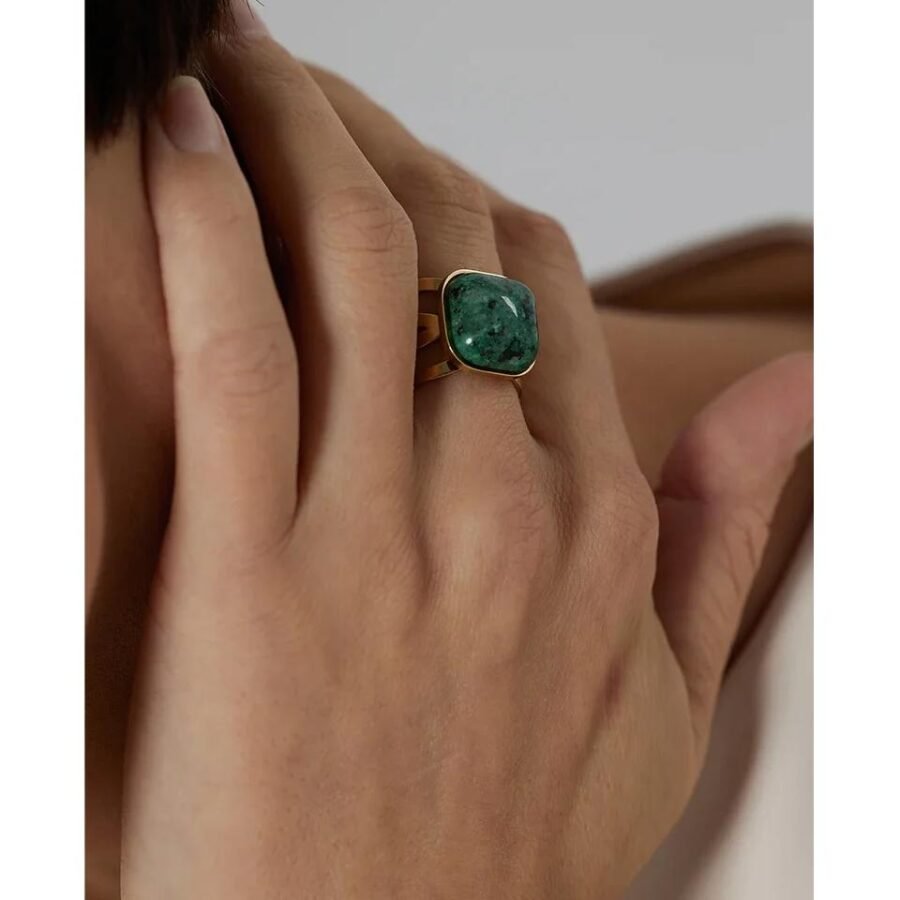 Charm in Green – African Turquoise Ring with Stainless Steel, Women’s Opening Finger Ring, and Metal Accent