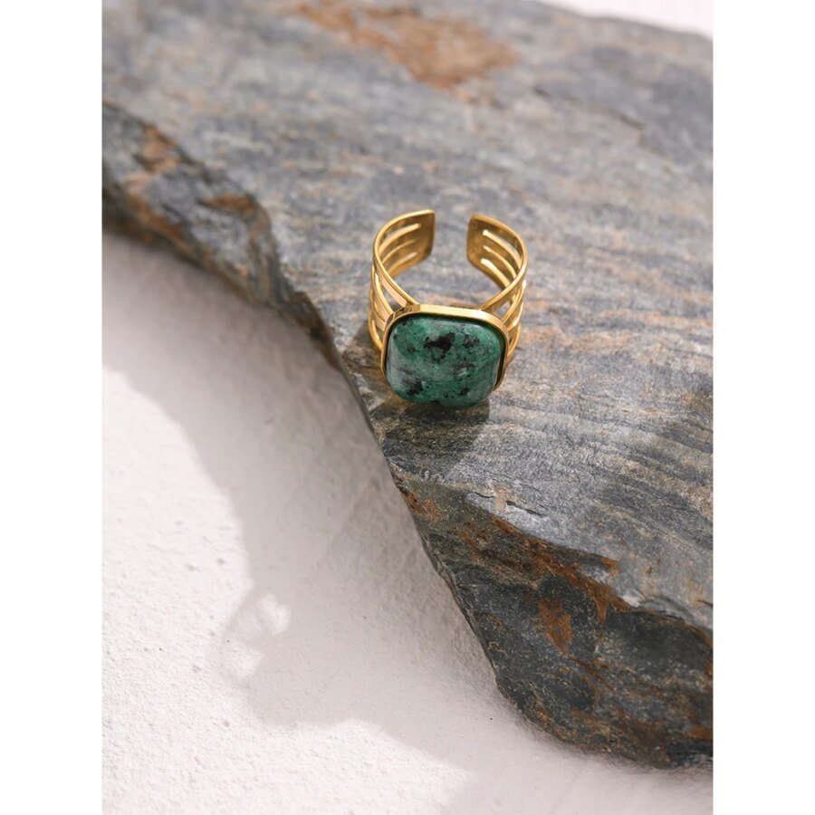 Charm in Green – African Turquoise Ring with Stainless Steel, Women’s Opening Finger Ring, and Metal Accent