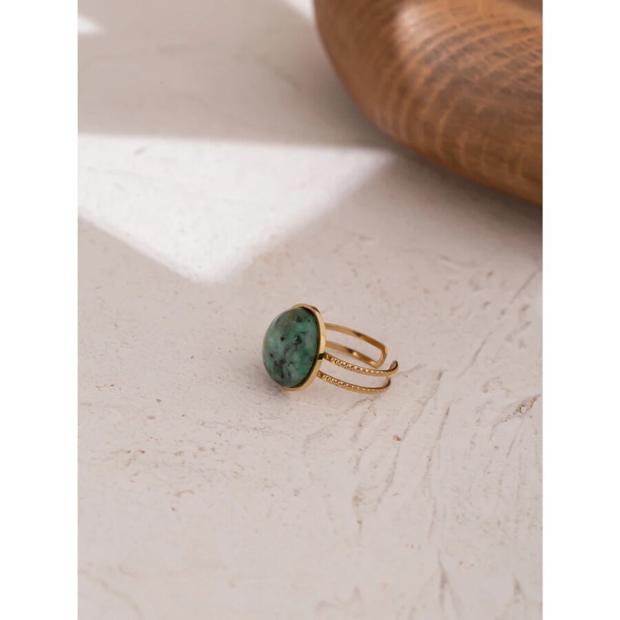 Statement in Green - Opening Rings with Temperament, Natural Stone, and Punk-inspired Stainless Steel for Women's Anillos Mujer Jewelry