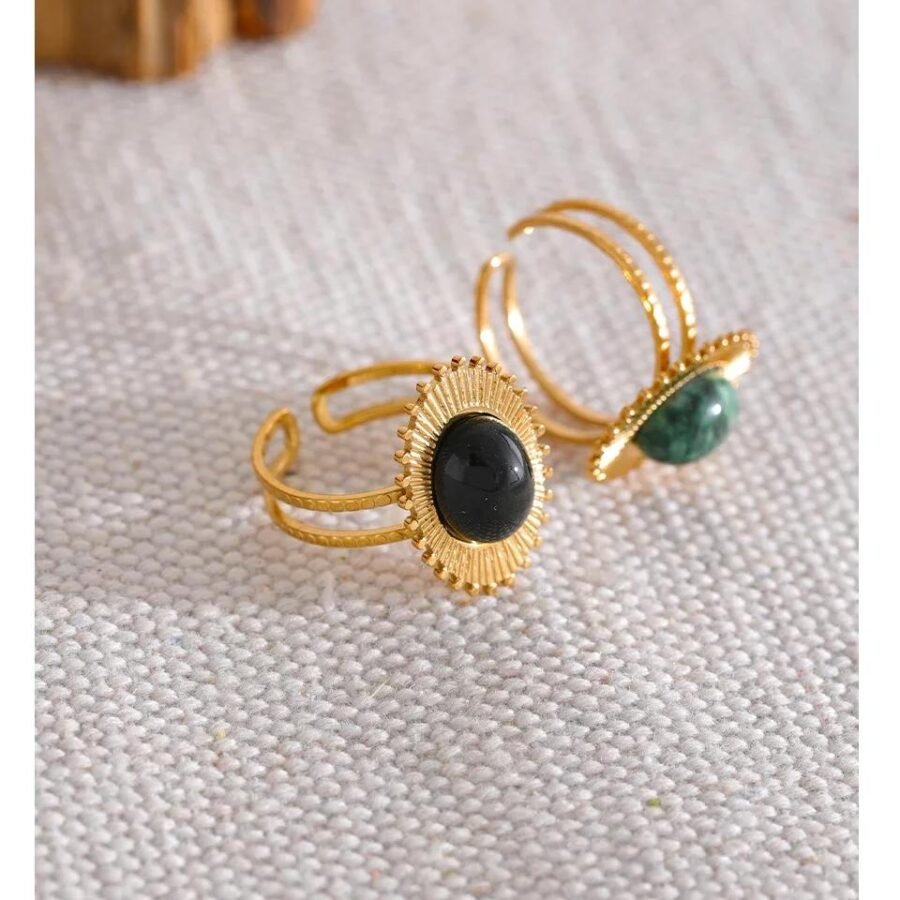 Chic Adjustable Opening Ring - Stainless Steel with Green and Black Natural Stone Agate for Women's Party Jewelry, Bagues Pour Femme