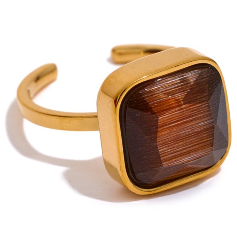 High-Quality Opulence - Square Open Ring with Colorful Opal and Natural Cat Eye Stone, Stainless Steel in Rust-Proof Gold Color for Finger Jewelry