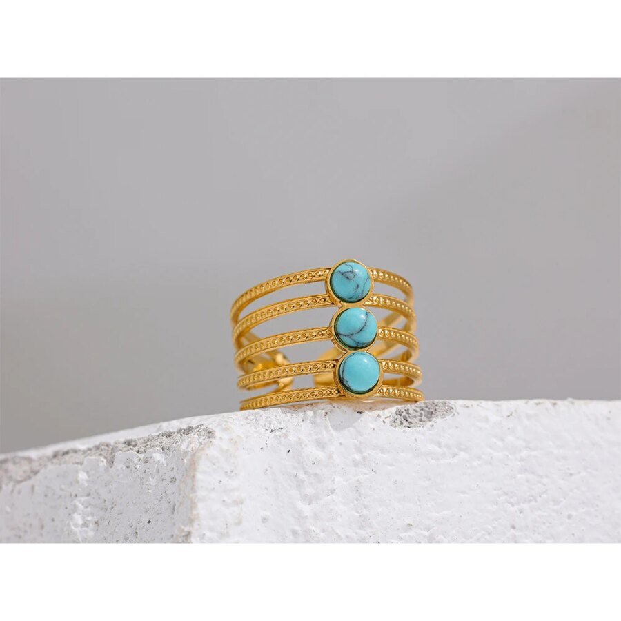 Bohemia Chic - Stainless Steel Summer Ring with Natural Turquoise Stone for Trendy and Affordable Open Finger Accessory in Woman's Jewelry
