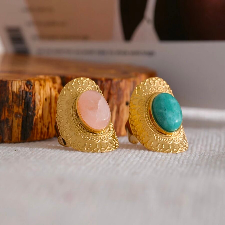 Bohemian Elegance - Adjustable Hyperbolic Ring with Stainless Steel and Natural Stone in Pink, Green, and Turquoise for Women's Big and Stylish Summer Jewelry