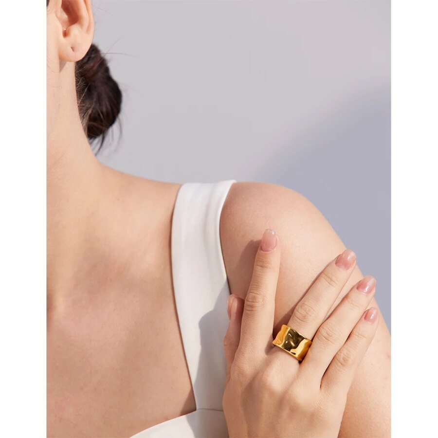 Elegance in Geometry - Top Quality Wide Stainless Steel Ring with 18K Gold Color, Waterproof Design, and Minimalist Statement Charm for Women's Fashion Jewelry