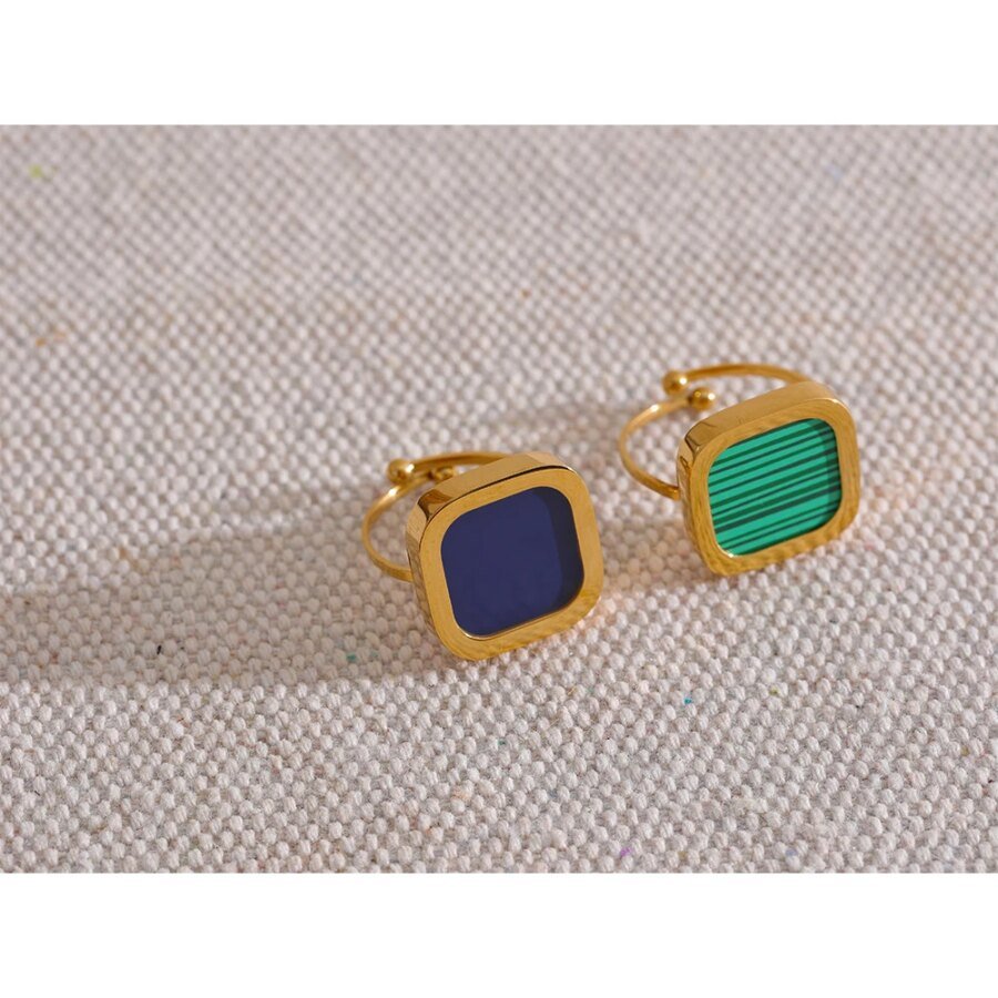 Chic Charm in Green - Tarnish-Free Stainless Steel Adjustable Ring with Texture, Square Acrylic, and 18k Gold Color for Women's Finger Jewelry, Inspired by France