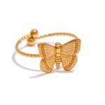 Golden Butterfly Elegance - Stainless Steel Adjustable Ring with Stylish Texture for Women's Finger, Insect-inspired Bijoux Femme Gift