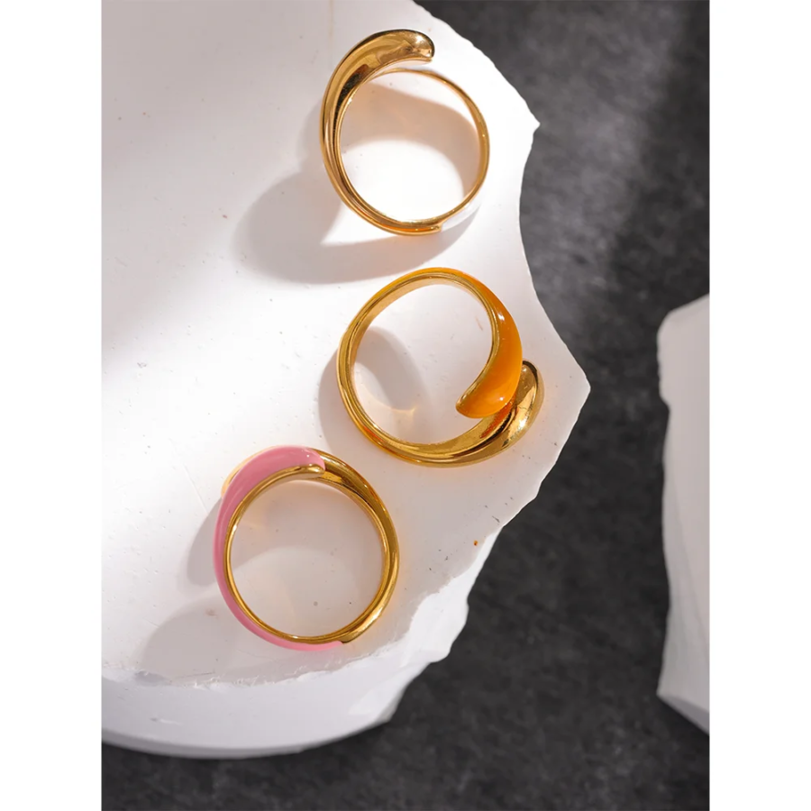 Sweet Elegance in Summer - Stainless Steel Gold Color PVD Plated Ring with Pink and Orange Enamel for Women's Minimalist and Stylish Jewelry, Anillo