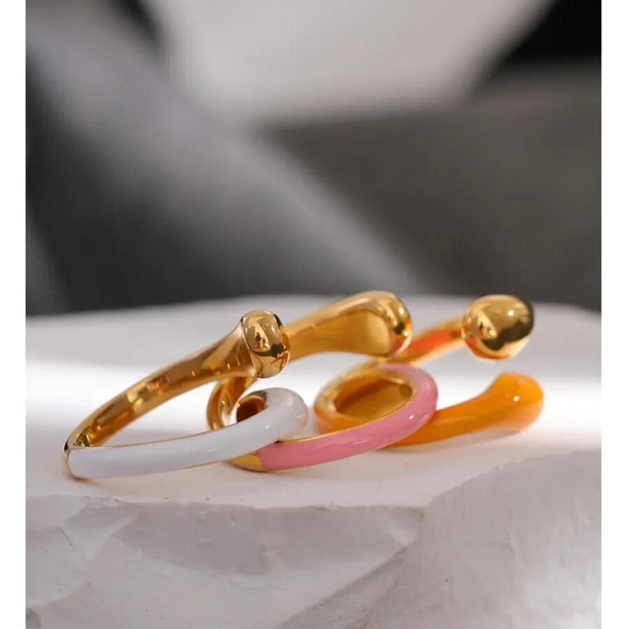 Sweet Elegance in Summer - Stainless Steel Gold Color PVD Plated Ring with Pink and Orange Enamel for Women's Minimalist and Stylish Jewelry, Anillo