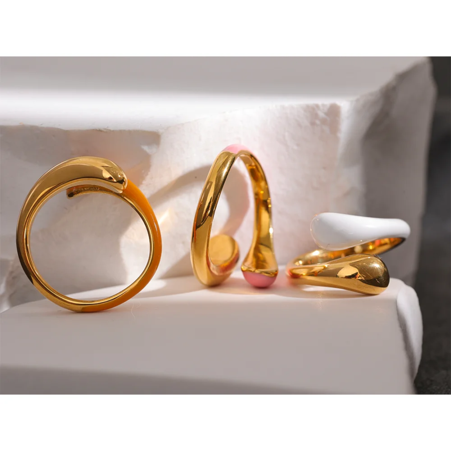 Sweet Elegance in Summer - Stainless Steel Gold Color PVD Plated Ring with Pink and Orange Enamel for Women's Minimalist and Stylish Jewelry, Anillo