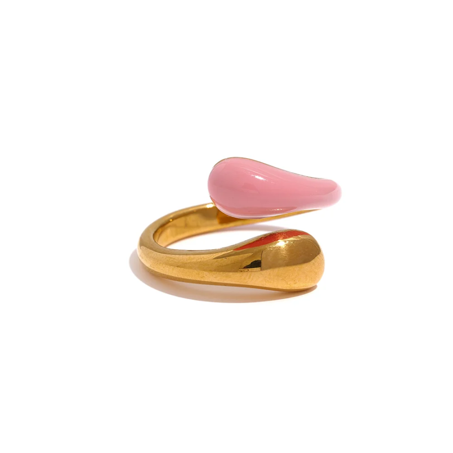 Sweet Elegance in Summer - Stainless Steel Gold Color PVD Plated Ring with Pink and Orange Enamel for Women's Minimalist and Stylish Jewelry, Anillo