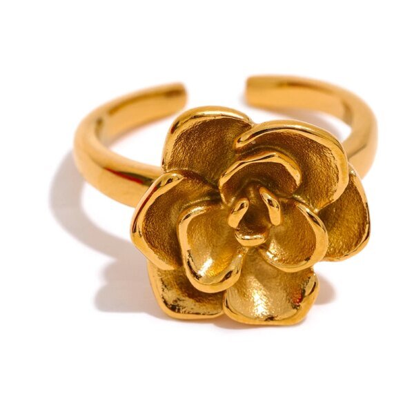 Vintage Charm in Bloom - New Stainless Steel Flower Cast Ring with Trendy 18K Gold Color PVD Plated, Waterproof for Women's Gala Gift
