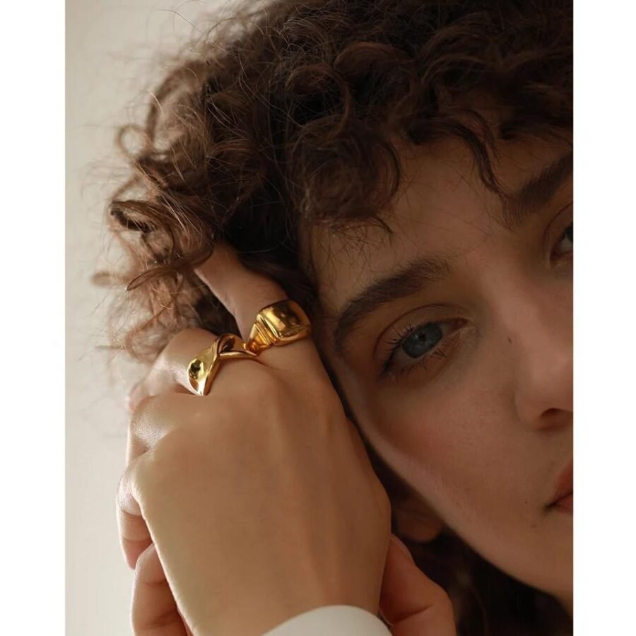 Minimalist Elegance – Stainless Steel Gold Plated Charm Rings with Square Geometric, Minimalist Metal Texture, and Waterproof Design for Fashion Jewelry